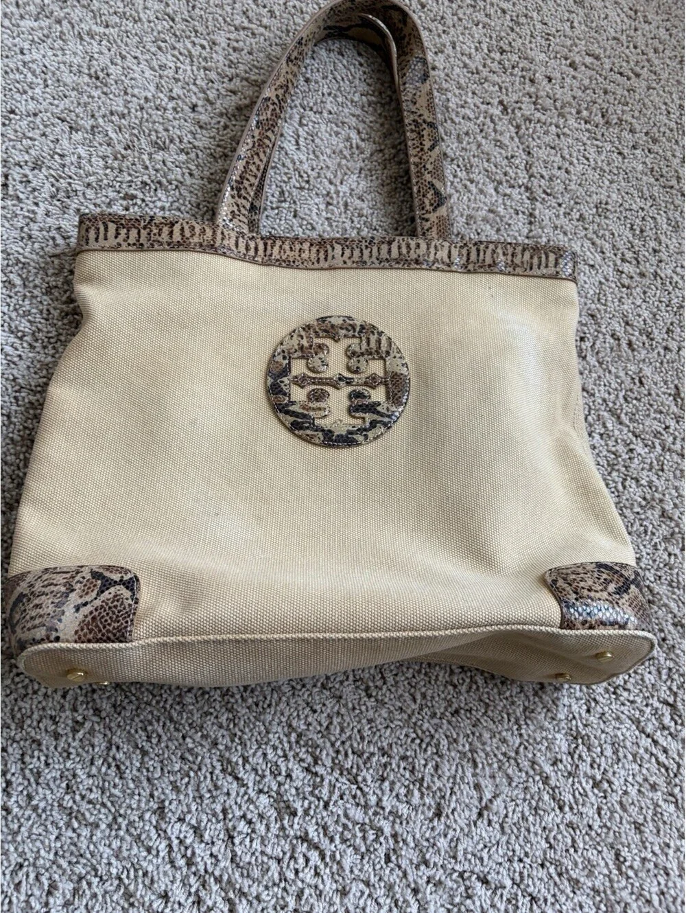 Tory Burch Beige Canvas Tote Snake Skin Details Shoulder Bag Purse Large Logo